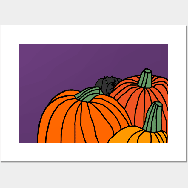 Cute Dog and Three Pumpkins Ready for Halloween Wall Art by ellenhenryart